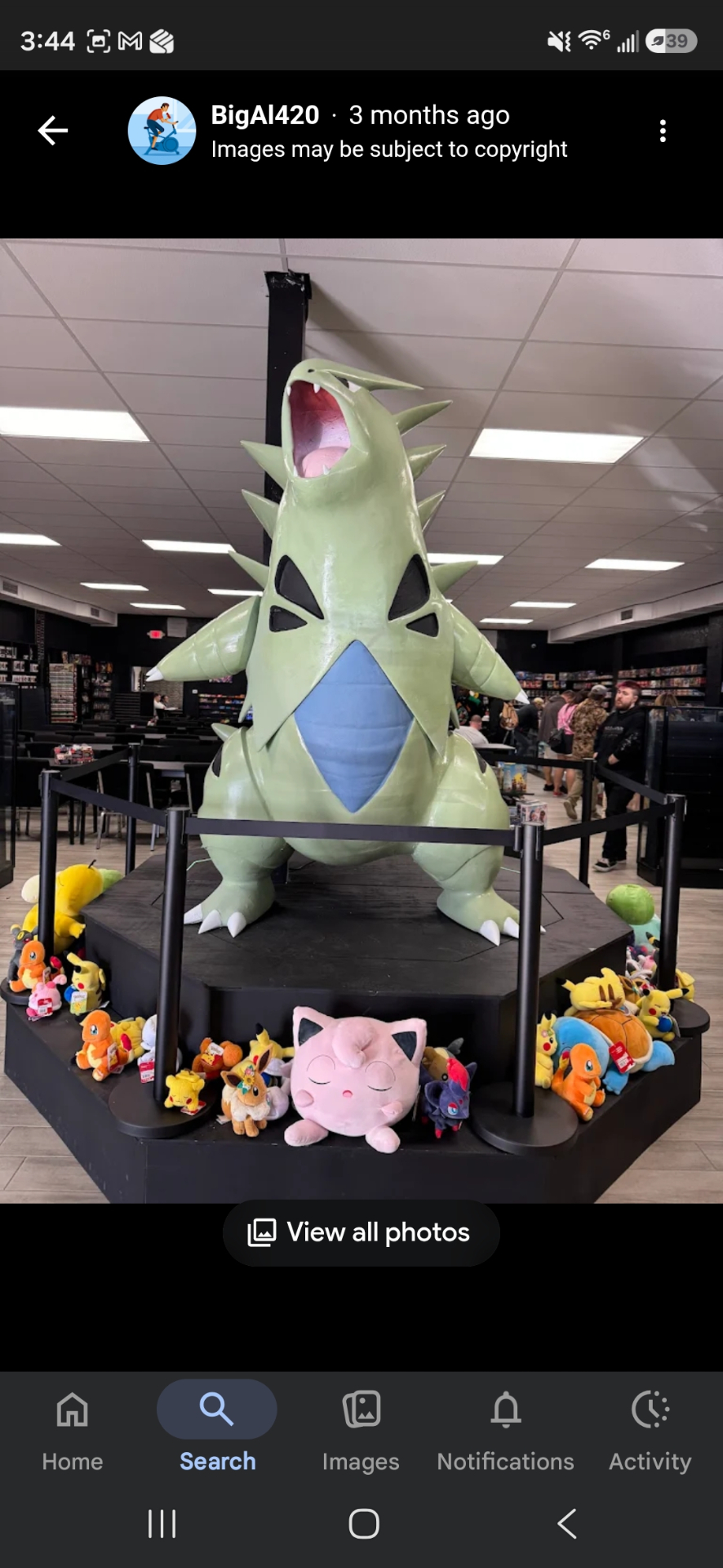 Tyranitar statue surrounded by Pokémon plushies